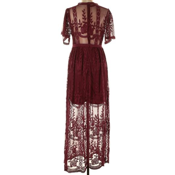 Red Wine Merlot Lace Deep V Plunge Medium Romper - Picture 3 of 3